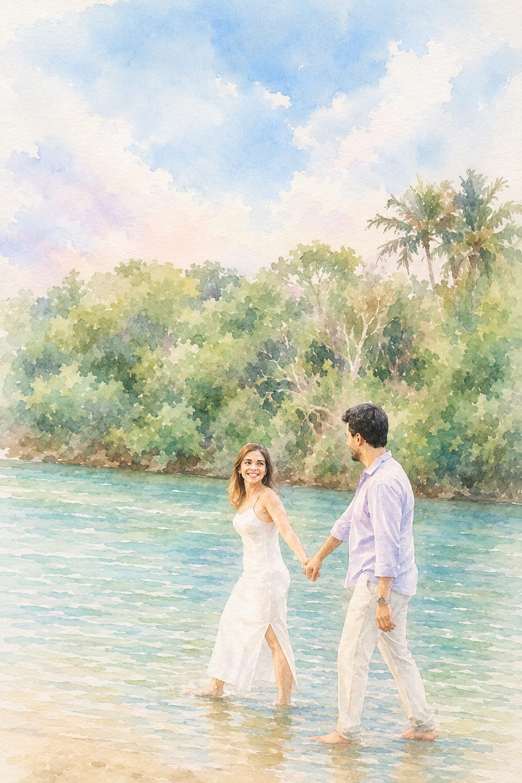 Aquarela dos noivos caminhando na água