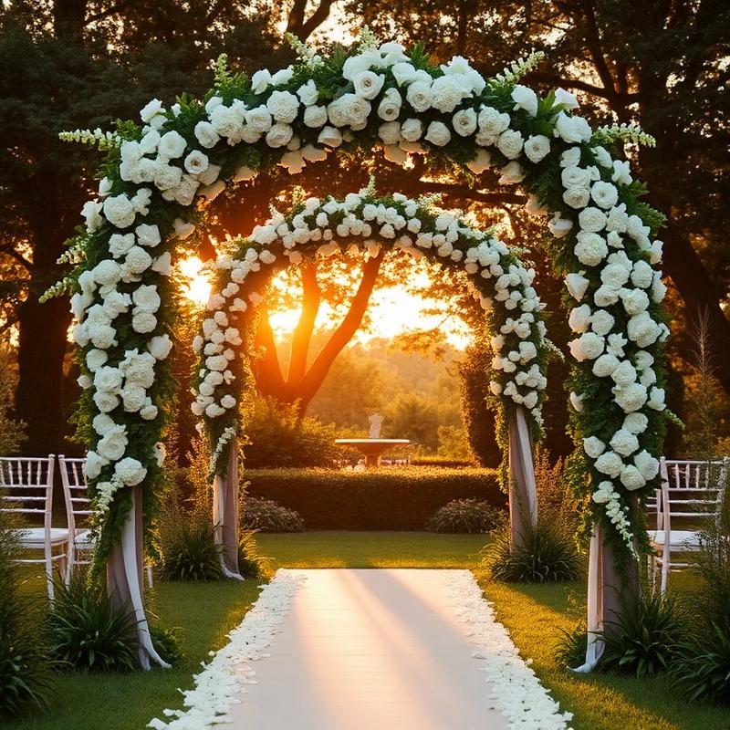 Arco floral da cerimônia ao entardecer